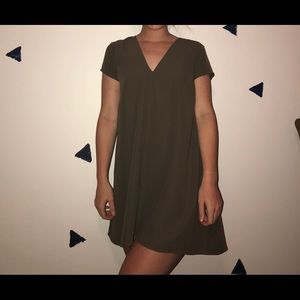 Olive Green Deep V-Neck Dress Zipper Back